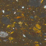 Plate 87.1: Photomicrograph of RHO AM 1 (XPL) (width of field 1.74 mm). Click to see a larger version